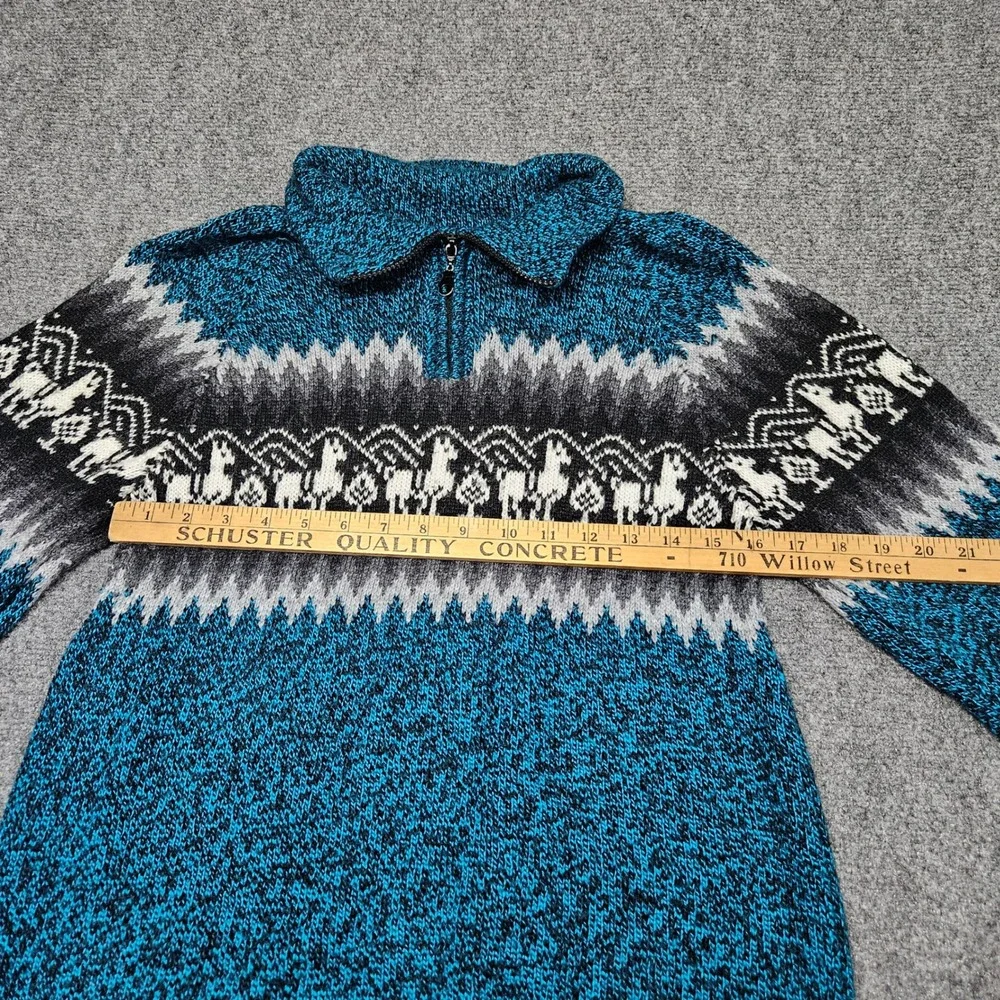 Vintage Llama Knit Half‎ Zip Sweater Medium Blue Black Marled Pattern Pullover